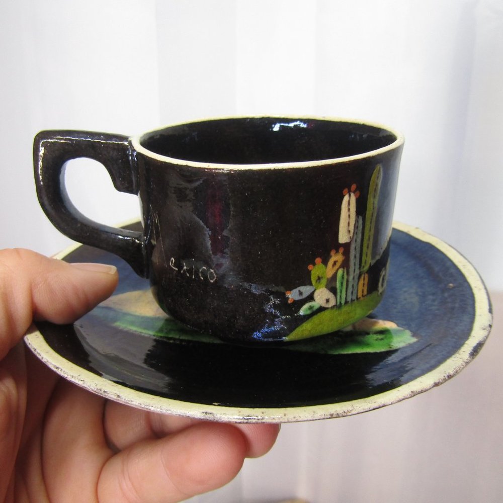Vintage Rare Tlaquepaque Black Pottery Cups and Saucers